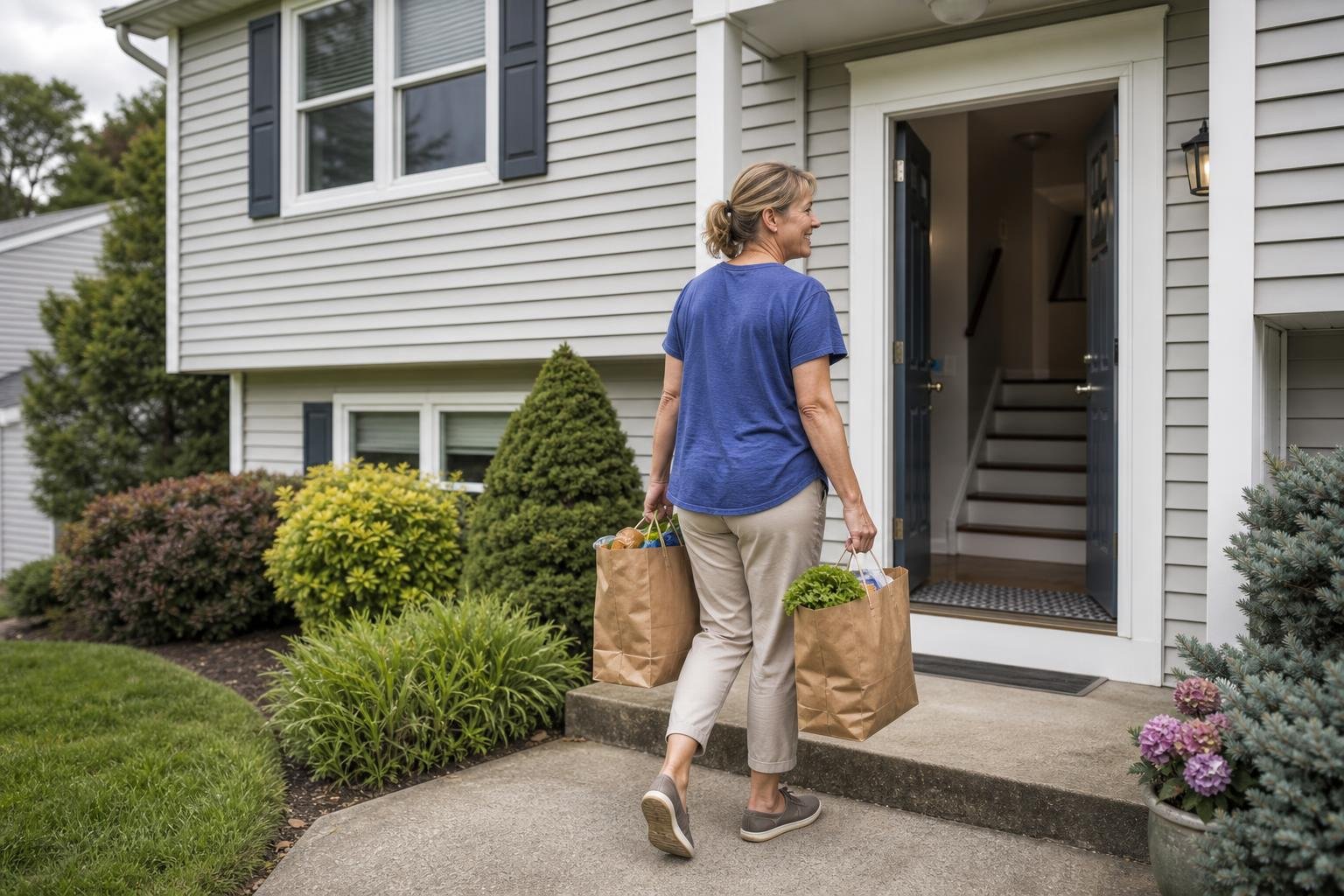 A woman carrying grocery bags walks toward the front door of a suburban house.